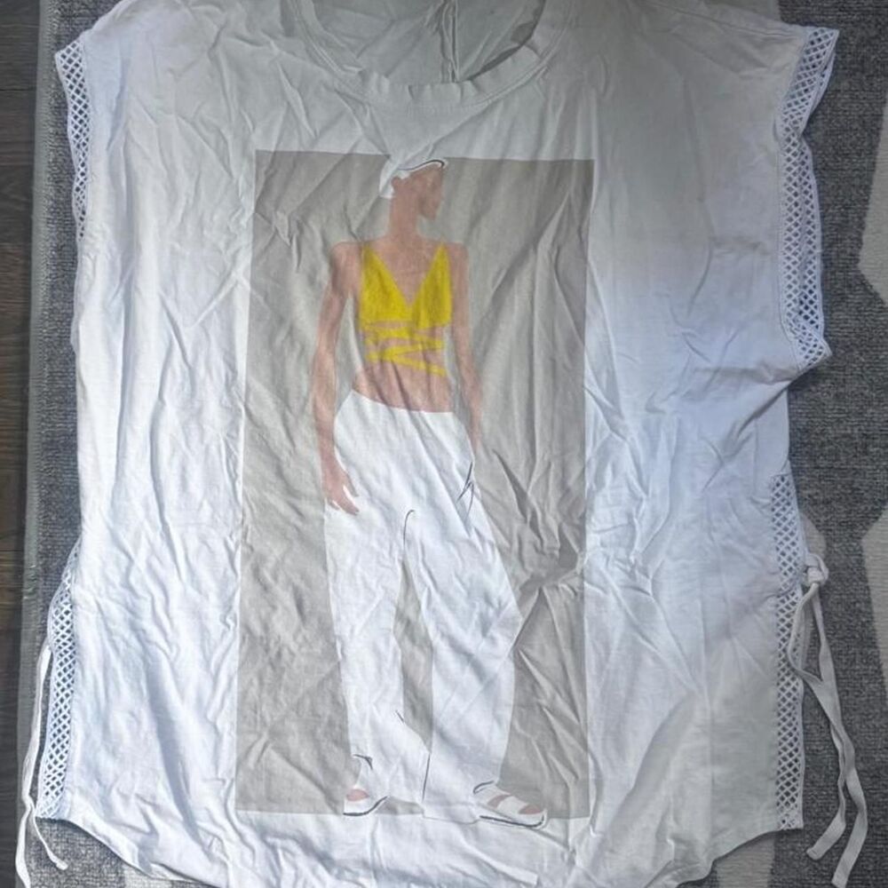 Zara Graphic Mesh Side Tie Muscle Tee | White Oversized Top